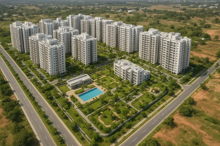 Aerial render of Sattva Aangane towers and landscaped grounds on Old Madras Road, Bengaluru Aerial render of Sattva Aangane towers and landscaped grounds on Old Madras Road, Bengaluru