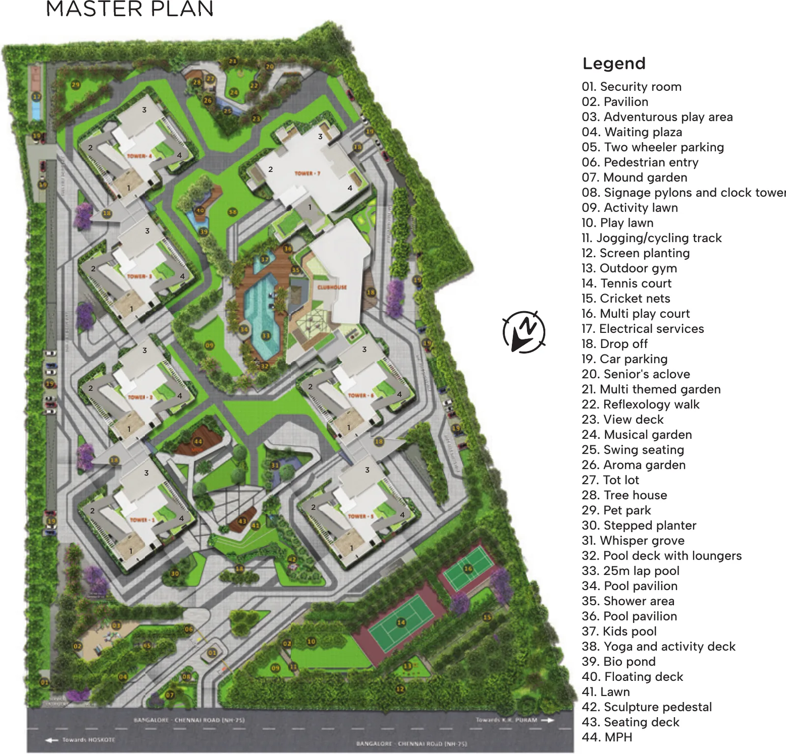 Master plan of Sattva Aangane showing the towers around a central clubhouse and lap pool, fronting Old Madras Road (NH-75), Bengaluru Master plan of Sattva Aangane showing the towers around a central clubhouse and lap pool, fronting Old Madras Road (NH-75), Bengaluru